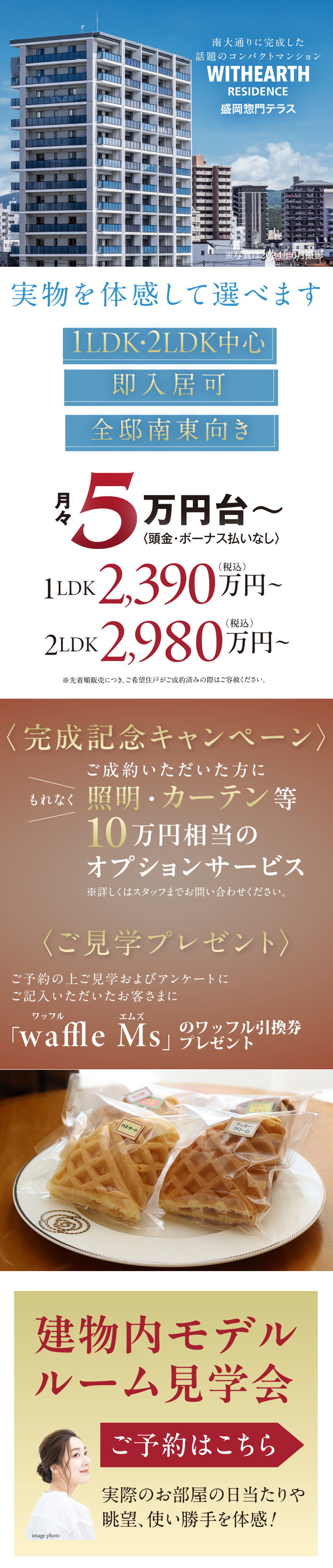 堂々完成　全邸南東向き　1LDK・2LDK中心コンパクトマンションが南大通に誕生。　ウィザースレジデンス盛岡惣門テラス　モデルルーム見学会　ご予約受付中